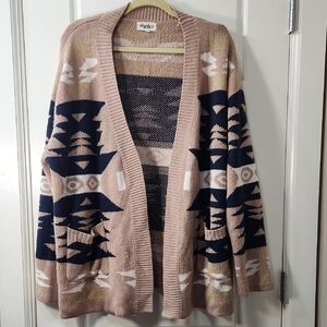 Haptics Aztec Patterned Open Front Cardigan in Blush and Navy - 2X